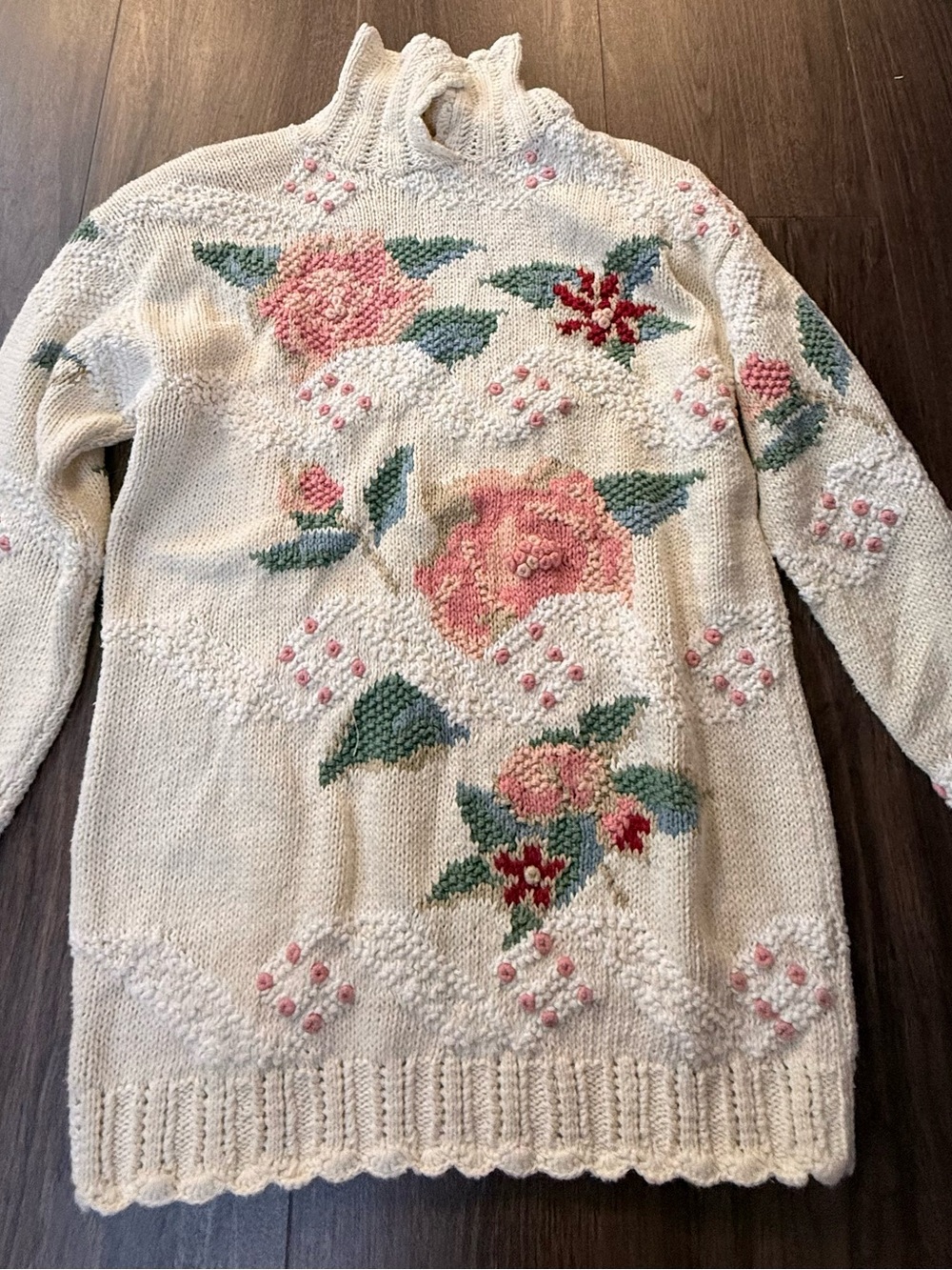 Claudia D Cream Floral Turtleneck Sweater with Pink Rose Detail